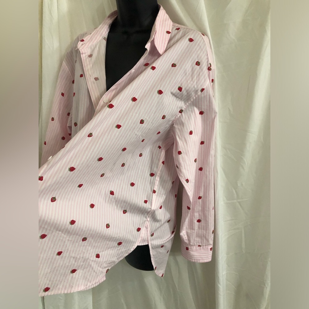 Nine West pink white striped strawberry button down menswear shirt size large - Picture 4 of 16